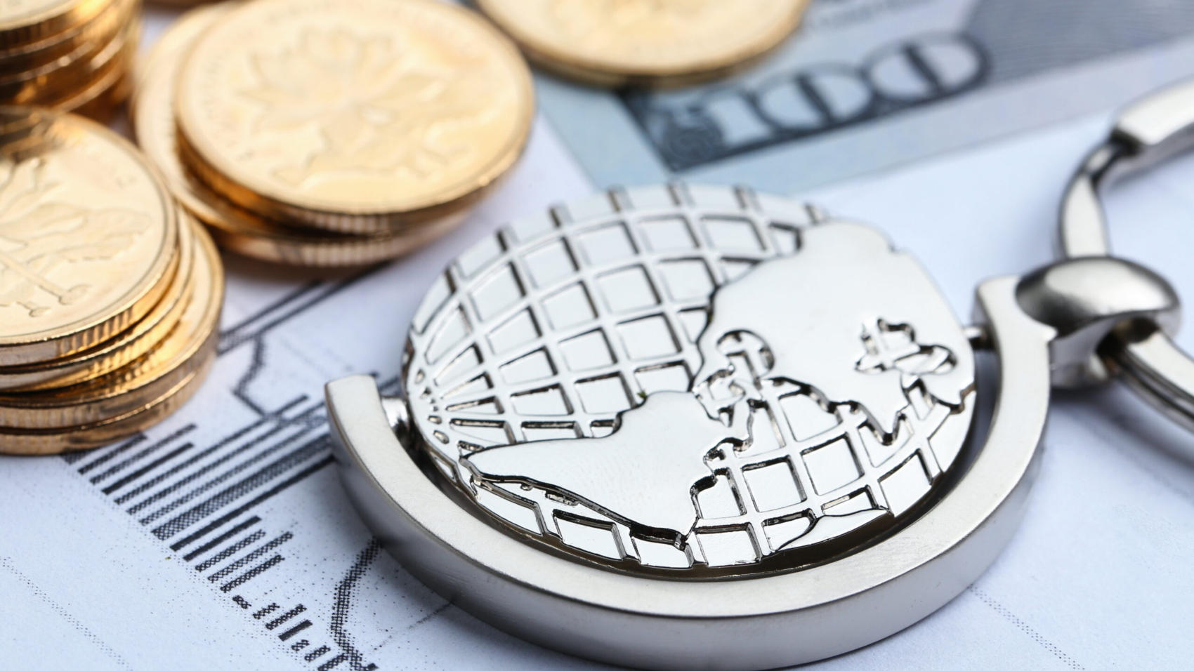 Coins, paper money and globe on white Statistic form background
