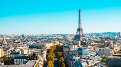 A cityscape of Paris under the sunlight and a blue sky in Fran