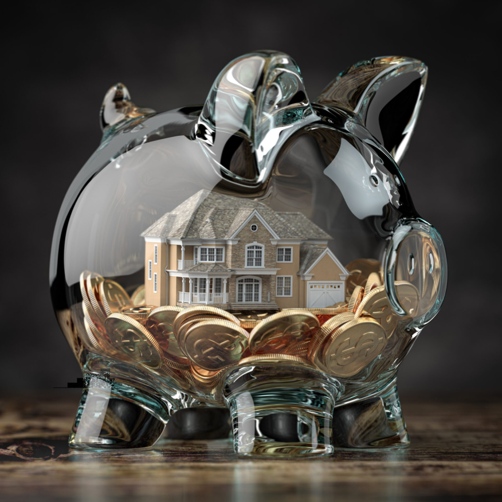 Glass piggy bank with coins and house. Mortgage, savings for real estate or to buy a house concept. 3d illustration