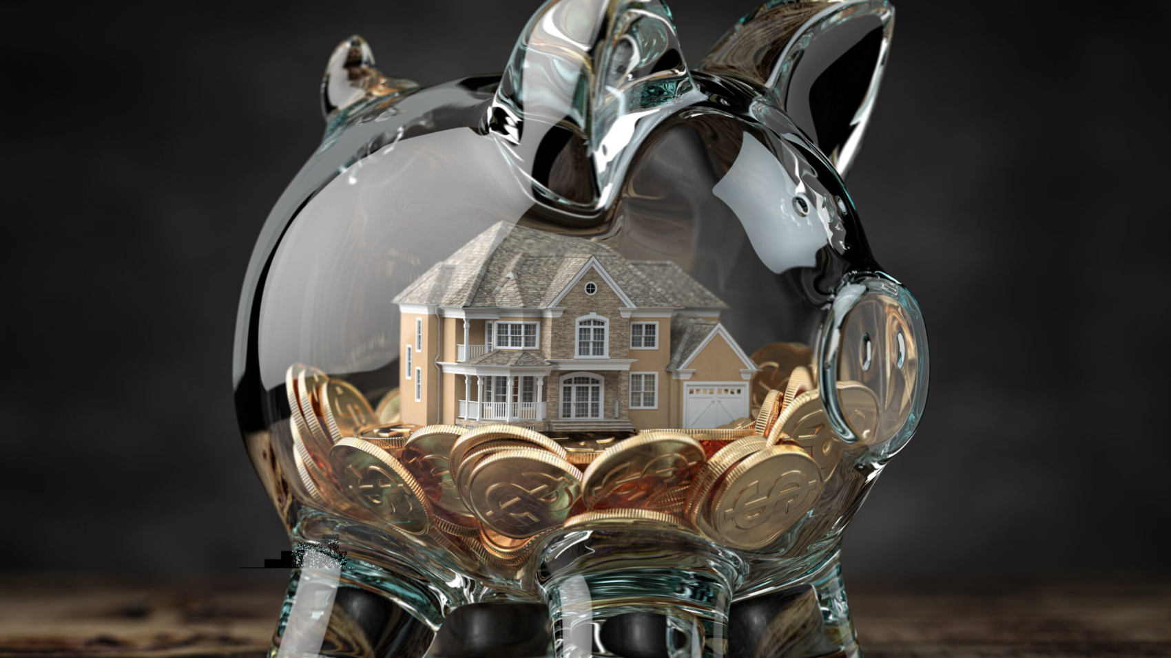 Glass piggy bank with coins and house. Mortgage, savings for real estate or to buy a house concept. 3d illustration