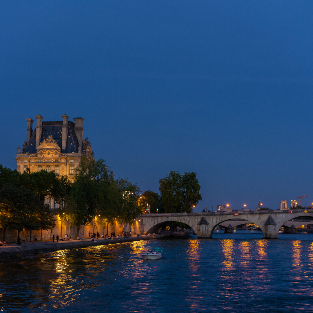 View from the Seine River at night in Paris, France